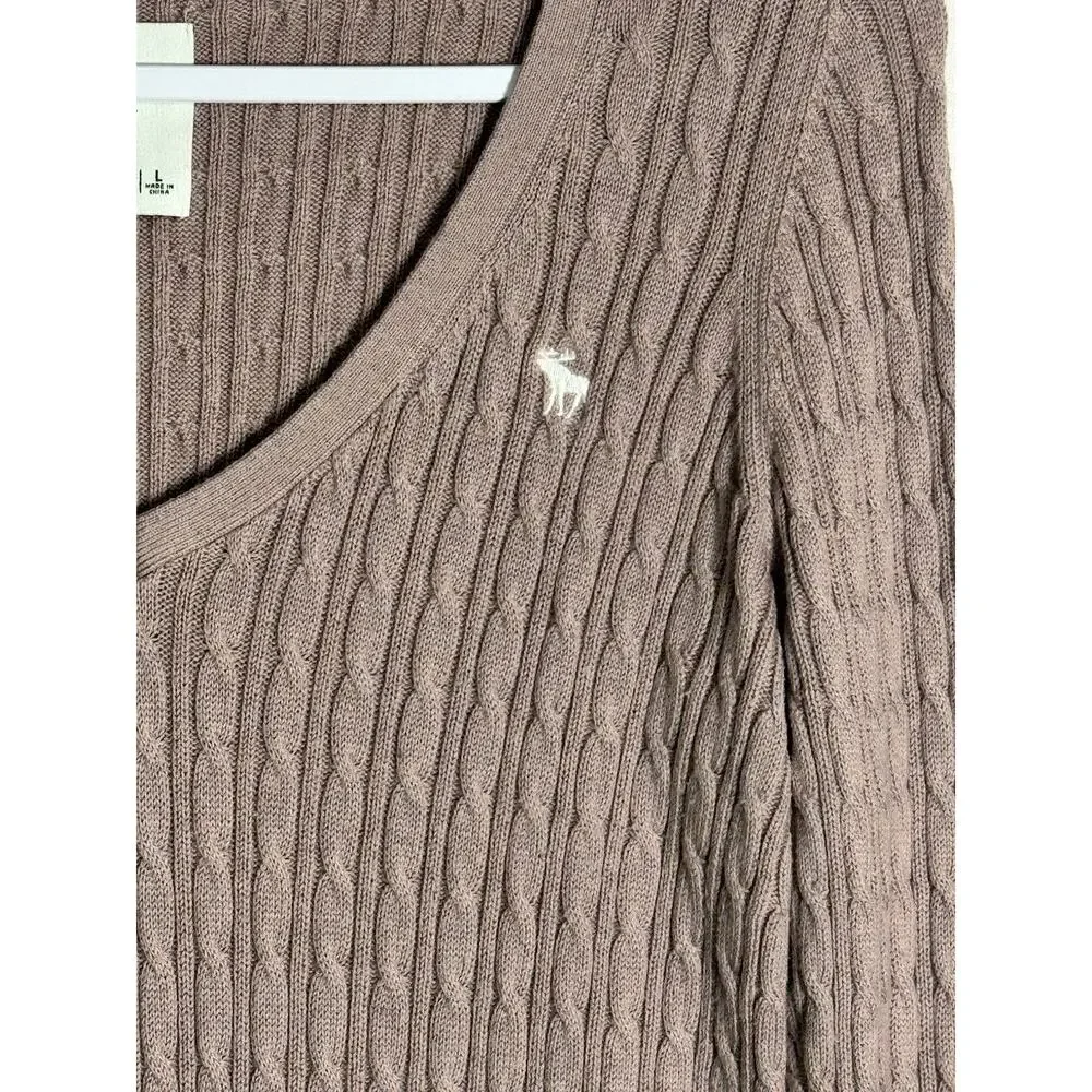 Abercrombie & Fitch Womens Dusty Rose Cable Knit V-Neck Sweater Moose Logo Sz L